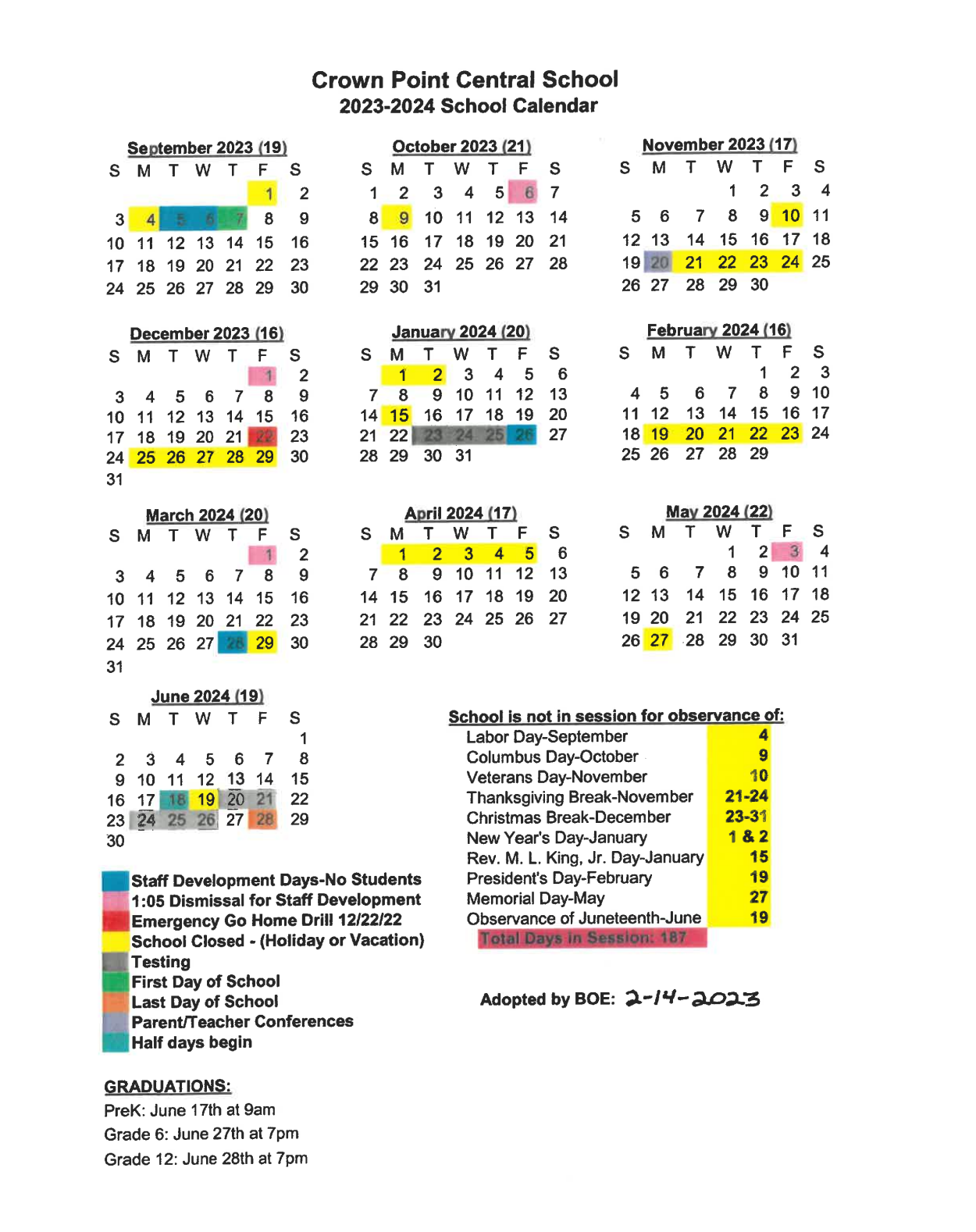 District Calendar Crown Point Central School